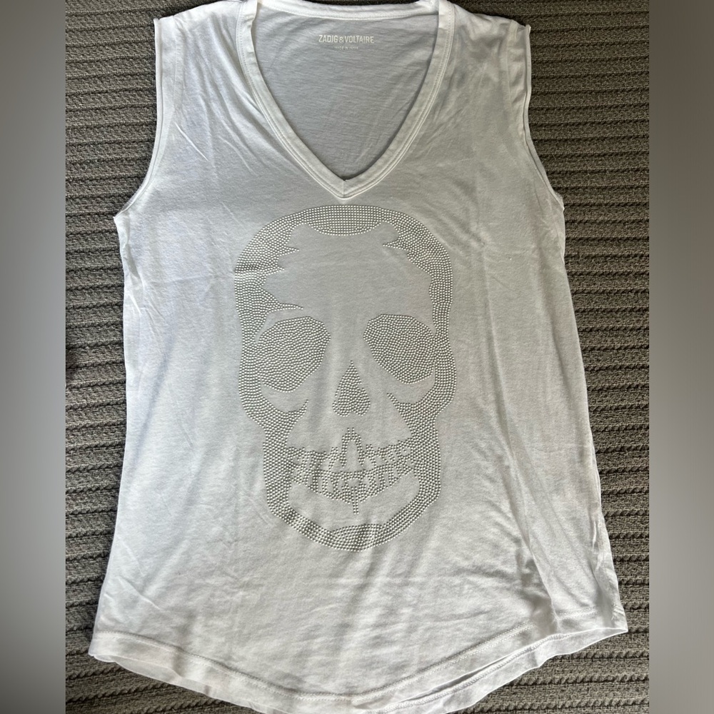 Zadig & Voltaire White V-Neck Tank with Crystal Skull 💀 small